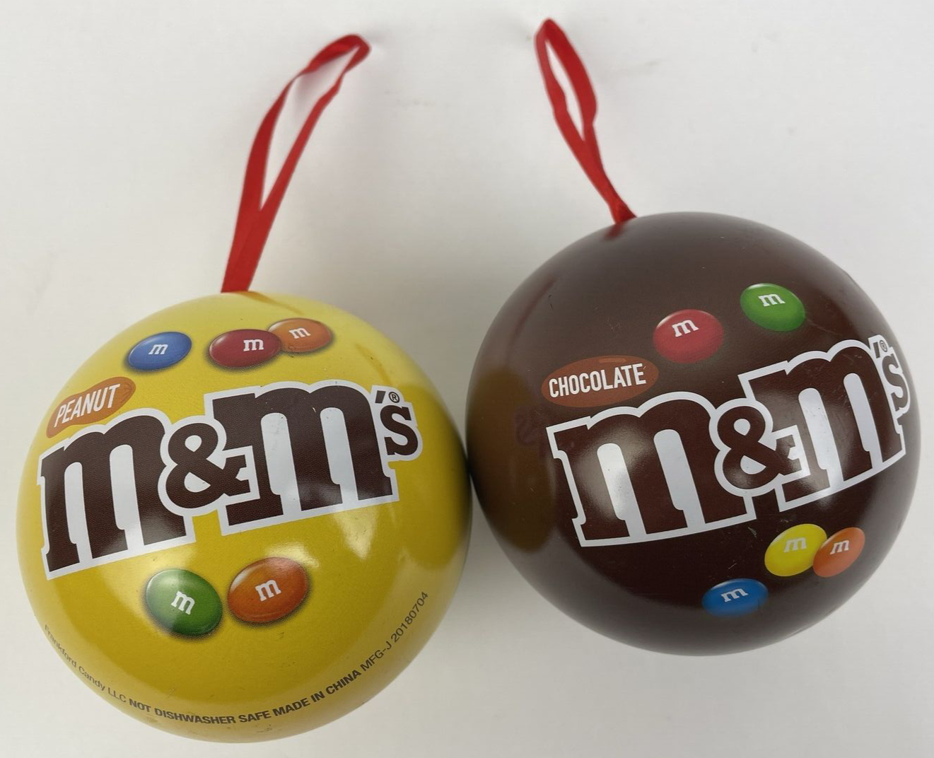 Lot of 2 x M&M Chocolate & Peanut METAL BALL CHRISTMAS ORNAMENT Empty -Rare Find