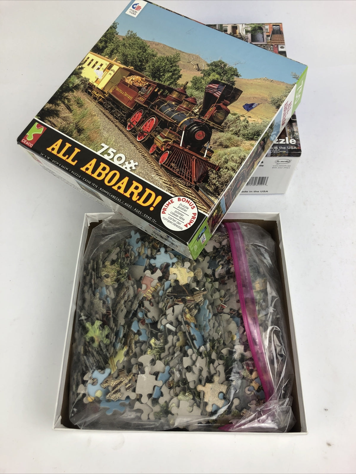Lot of 2 x 750 Piece Puzzle Lot - Ceaco All Aboard Train, Re-Marks City Doors,