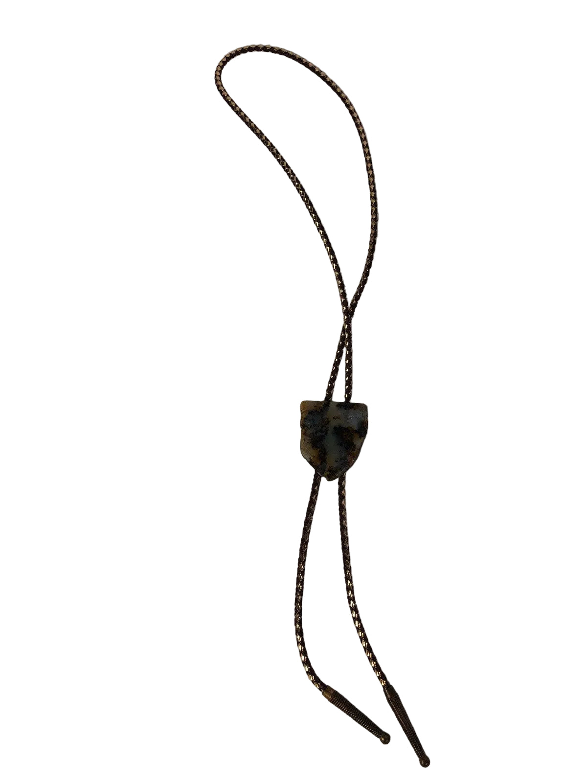Brown and gold leather bolo tie with polished agate stone centerpiece