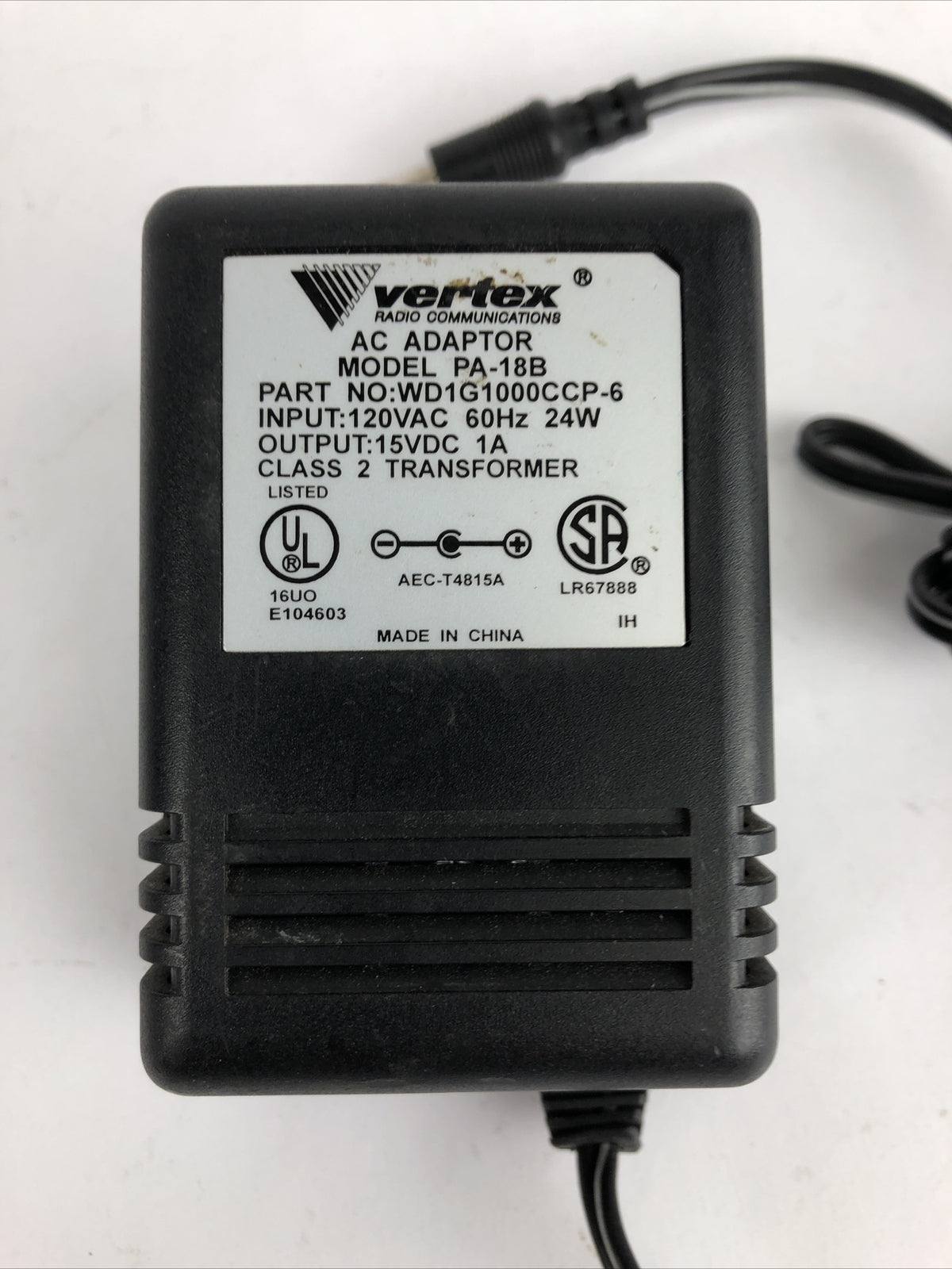Vertex AC Adapter Model PA-18B 15VDC 1A Class 2 Transformer WD1G1000CCP-6 A11
