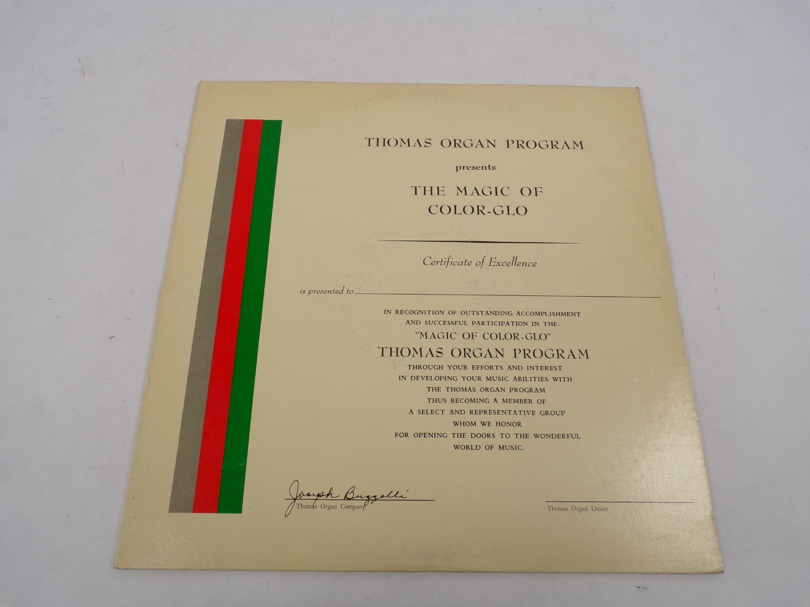 Thomas Organ Program Presents The Magic Of Color-GLO Certificate Of Excellence