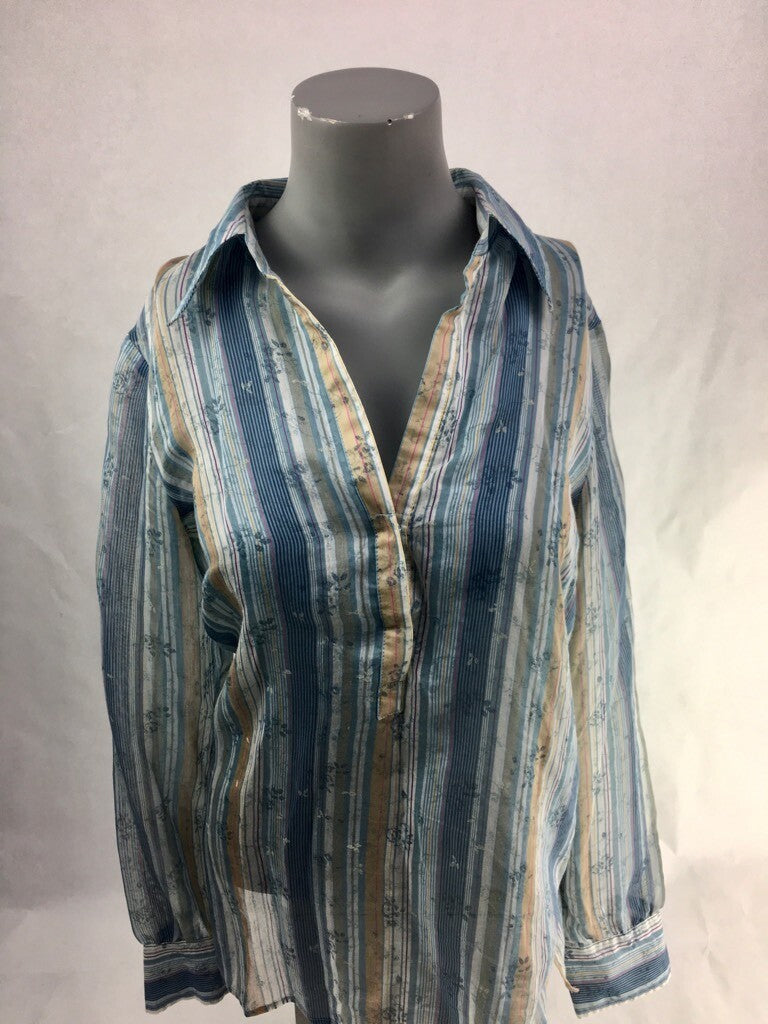 Kenneth Cole Womens Popover Shirt Blue Floral Striped Long Sleeve Smocked Back 4
