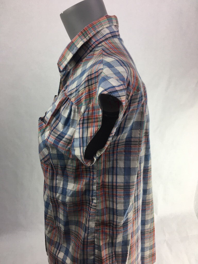Ricki Miss Erika Womens Button Up Shirt Blue Red Plaid Cap Sleeves Pockets Top S