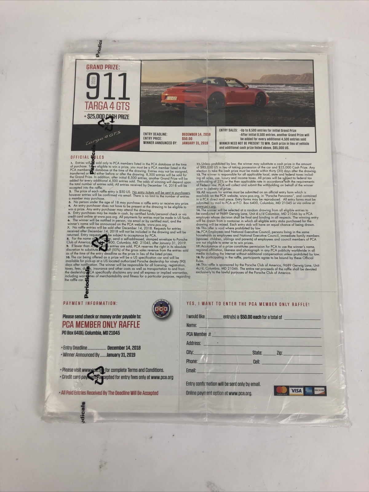 Porsche Club of America Panorama Magazine # 740 November 2018 New Sealed