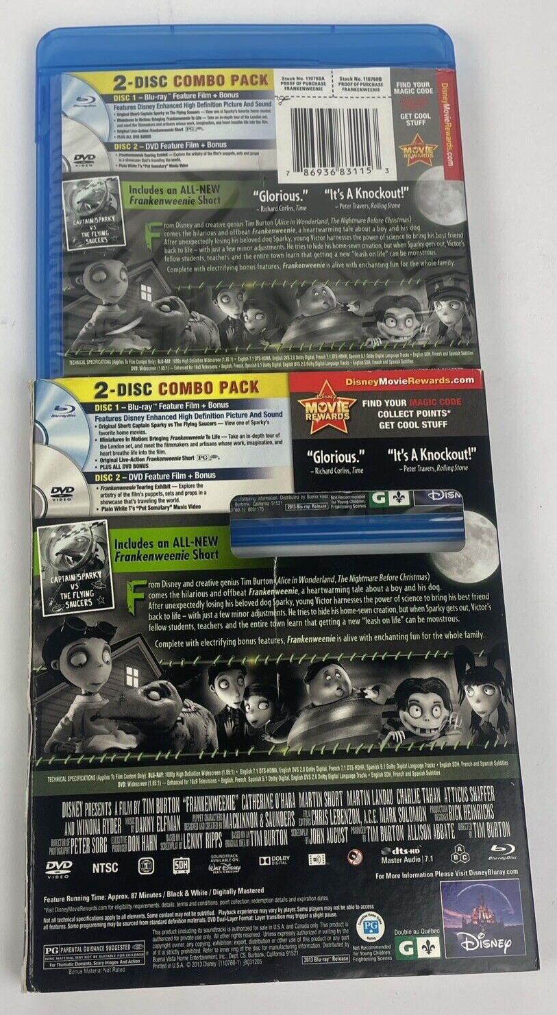 Disney Frankenweenie By Tim Burton Blu-ray DVD Combo + New Short Film - VGC
