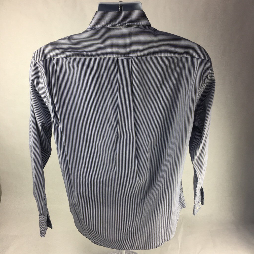 Faconnable Mens Button Front Shirt White Blue Stripe Long Sleeve Pocket Cotton S