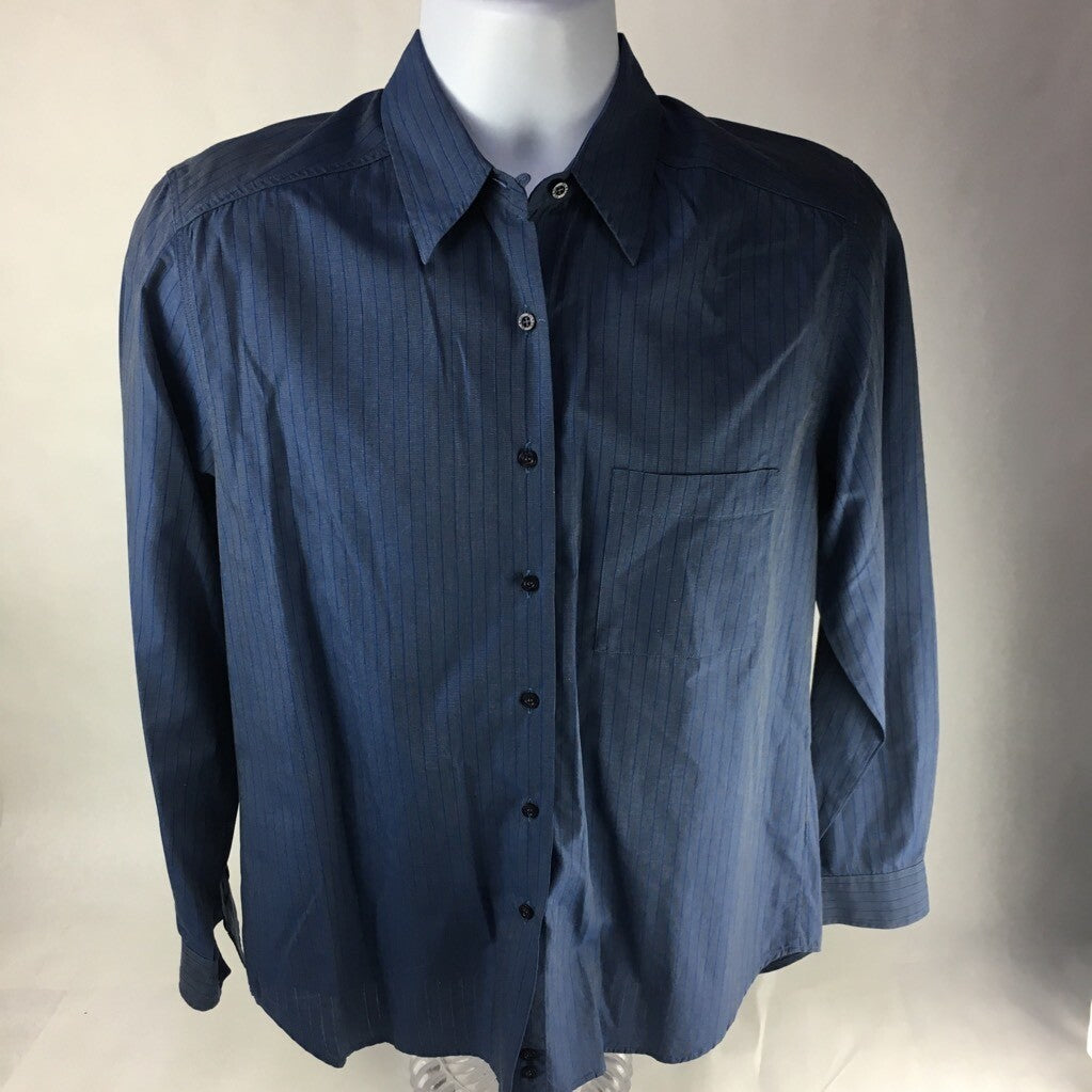 Fil A Fil Mens Button Front Shirt Blue Striped Long Sleeve Pocket 100% Cotton 38