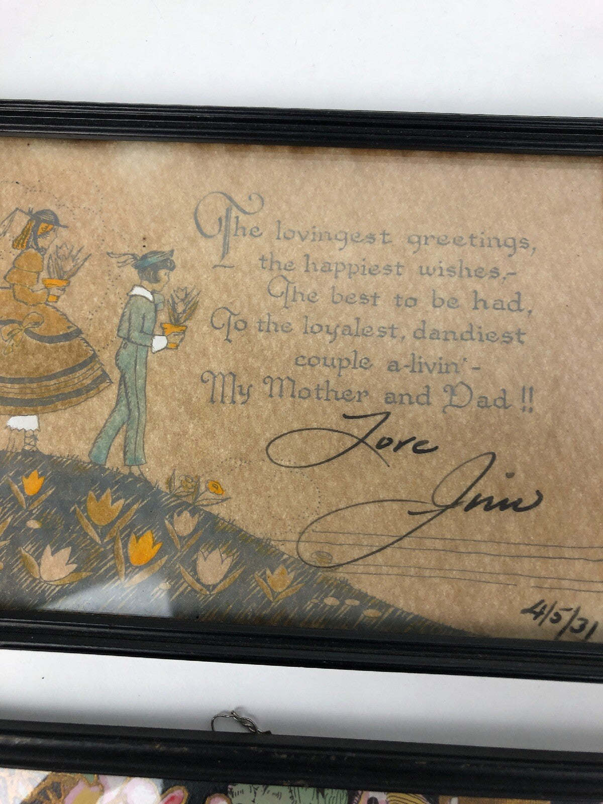 3 Vintage 1930’s American Folk Art Greeting Card Picture Framed RARE Anniversary