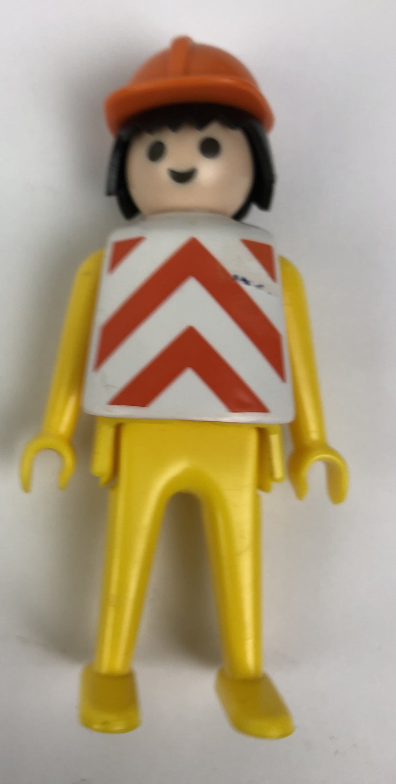 1974 Geobra Playmobill Yellow Clothes Orange Hardhat Black Hair 3" Figure w VEST