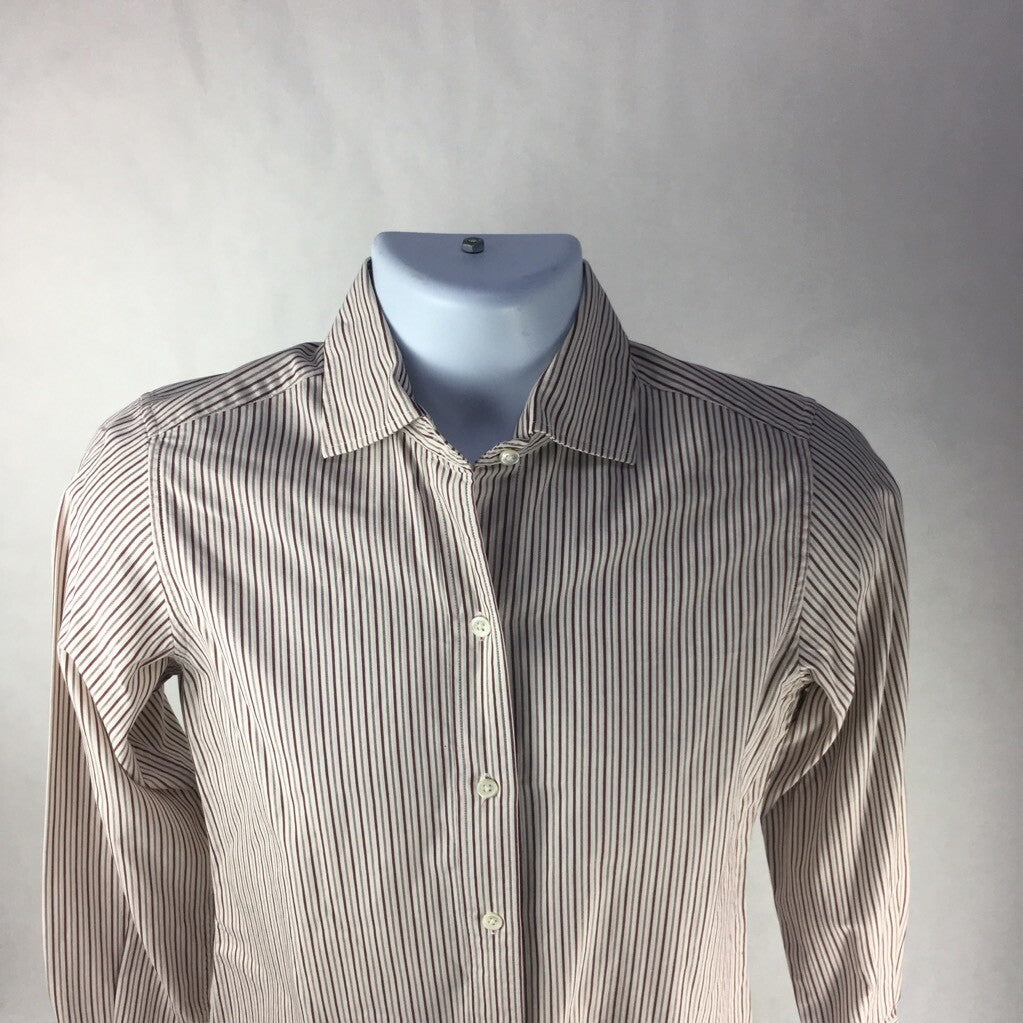 Faconnable Mens Button Front Shirt Ivory Brown Stripe Long Sleeve 100% Cotton XS