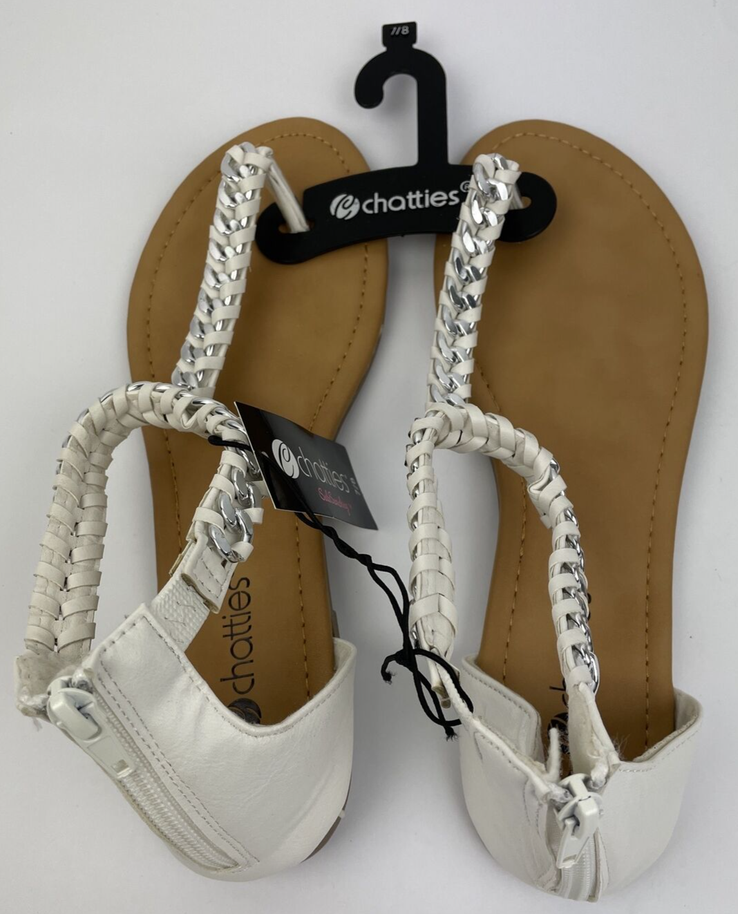 NWT Chatties Womens Sandals With White Silver Metal Straps Zipper Heel size 7/8