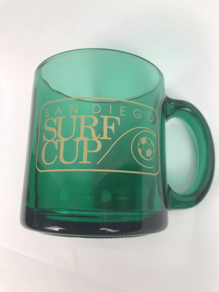 Rare San Diego Surf Cup soccer USA made green glass coffee mug.