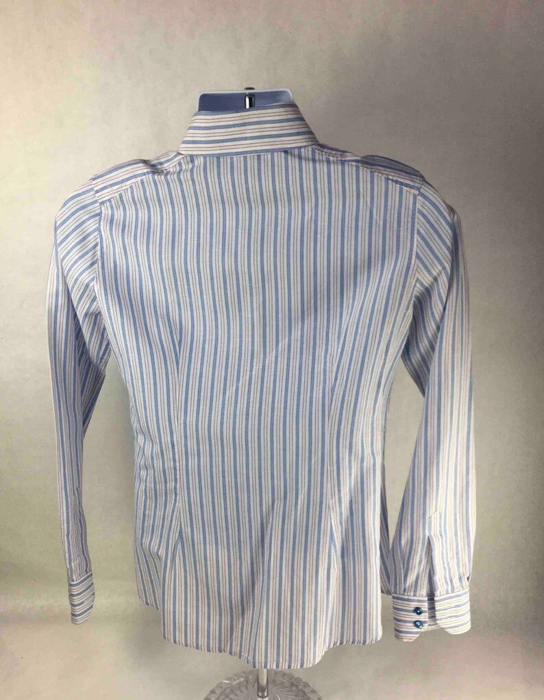 Etro Milano Button-Front Shirt White Blue Striped Long Barrel Cuffed Sleeves 44