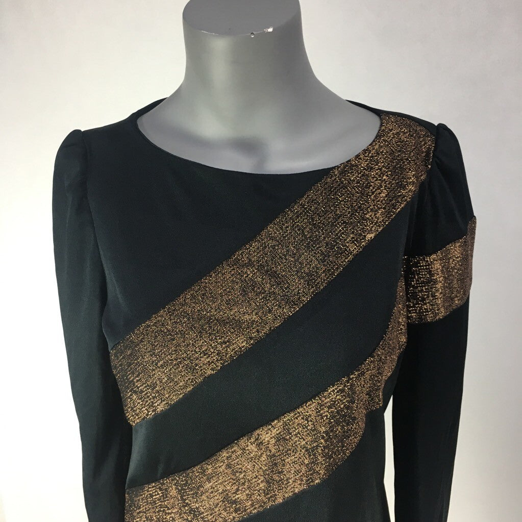 Visionz Womens Shift Dress Black Gold Stripe Midi Long Sleeve Vintage 1980's 5/6