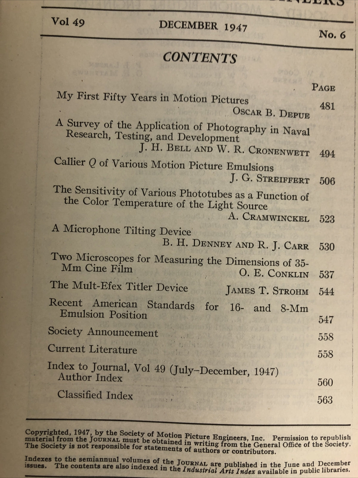 SMPE Journal Of The Society Of Motion Picture Engineers December 1947 VOL 49 No6