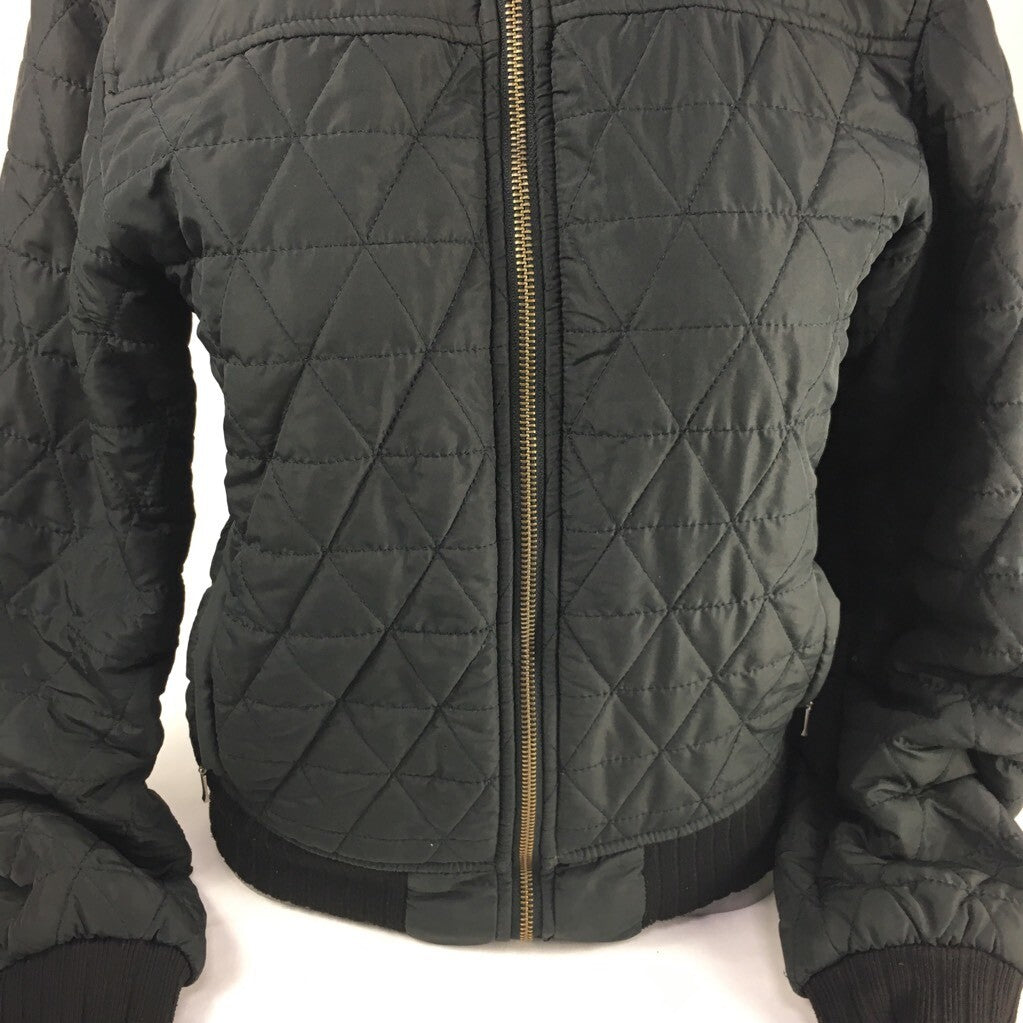 Prana Womens Quilted Jacket Black Zip Up Breathe Ribbed Moc Neck Stretch XS