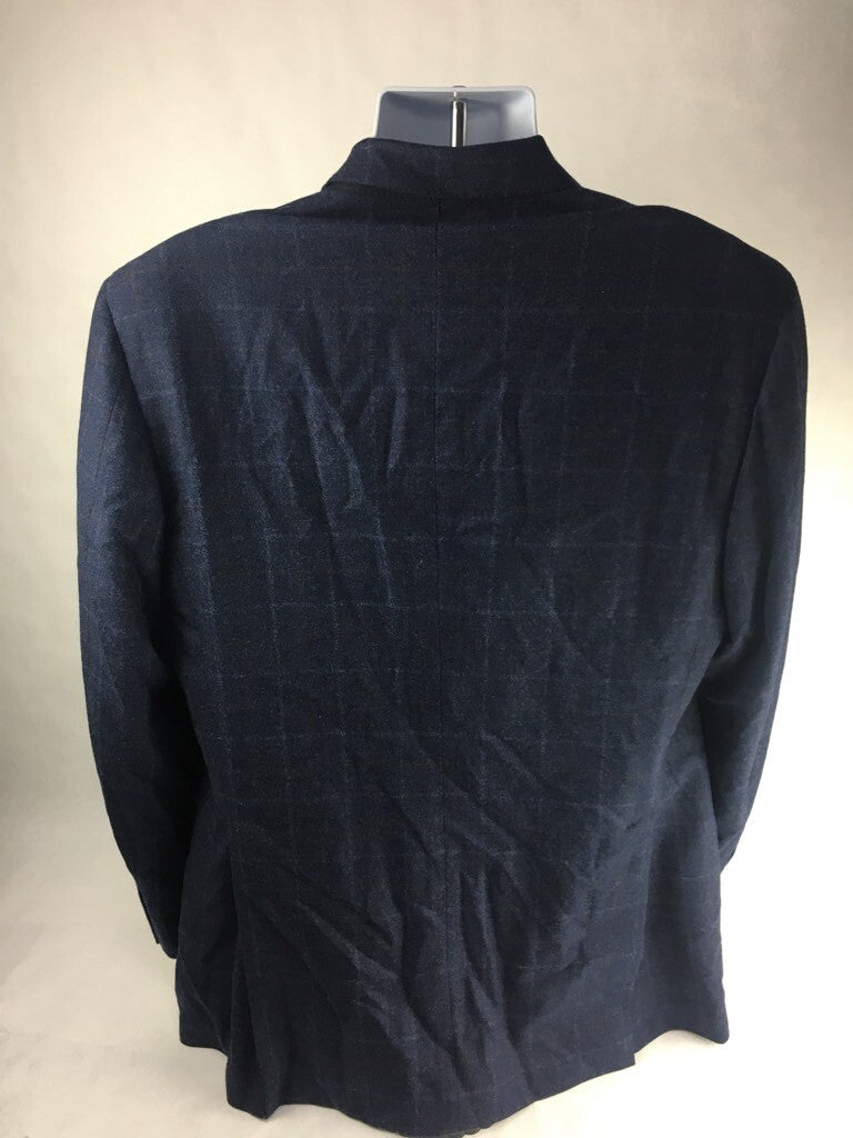 Faconnable Mens Suit Jacket Blue Windowpane Lined Notch Lapel Pockets Wool 44