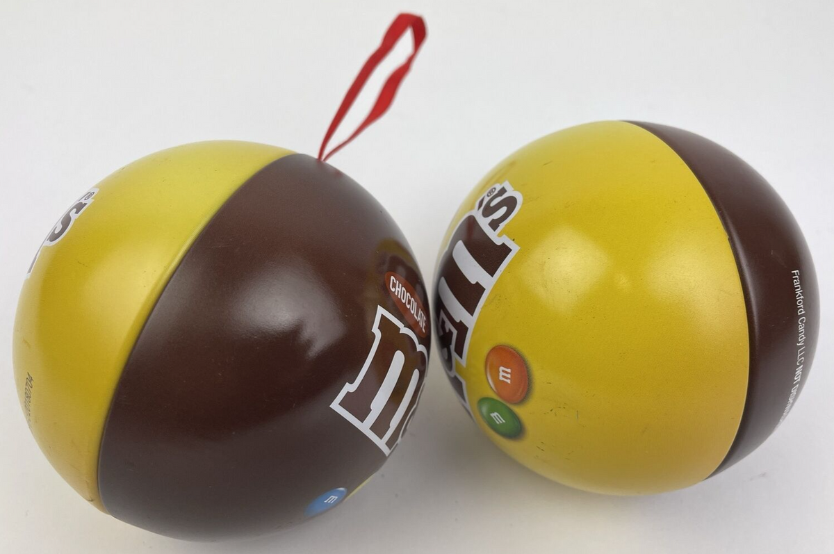 Lot of 2 x M&M Chocolate & Peanut METAL BALL CHRISTMAS ORNAMENT Empty -Rare Find