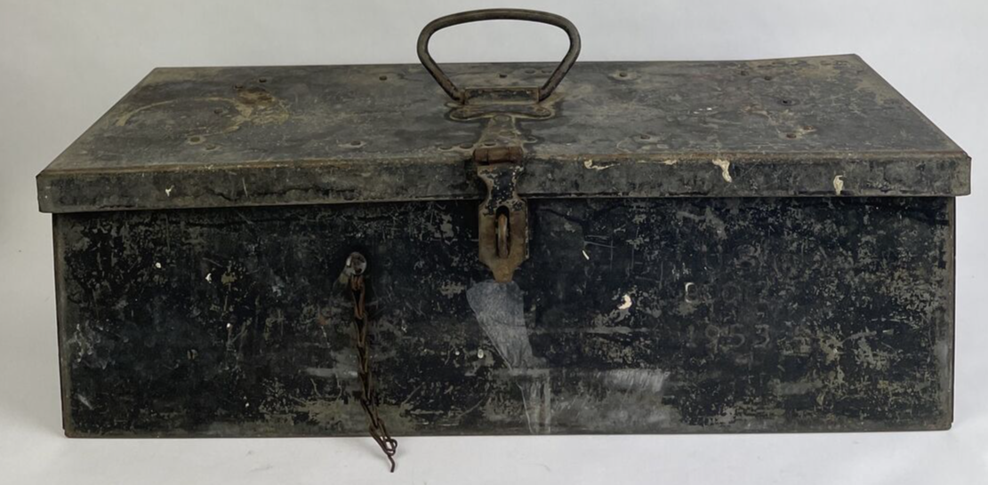 Vtg Mid-Century 1953 Military Black Metal Fishing Tackle Tool Box Embossed LOOK