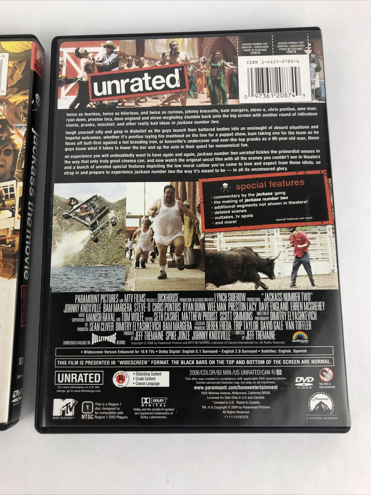 Jackass: Number 1 & 2 (DVD, 2006, Unrated) Johnny Knoxville Steve-O Bam Margera