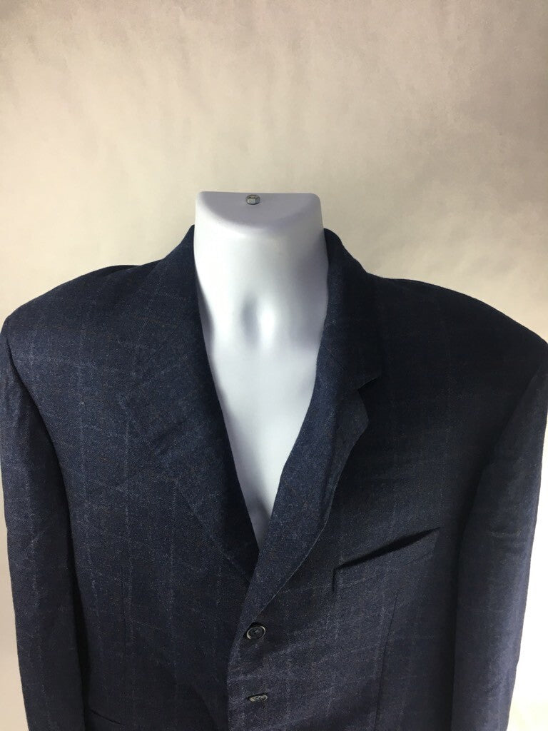 Faconnable Mens Suit Jacket Blue Windowpane Lined Notch Lapel Pockets Wool 44
