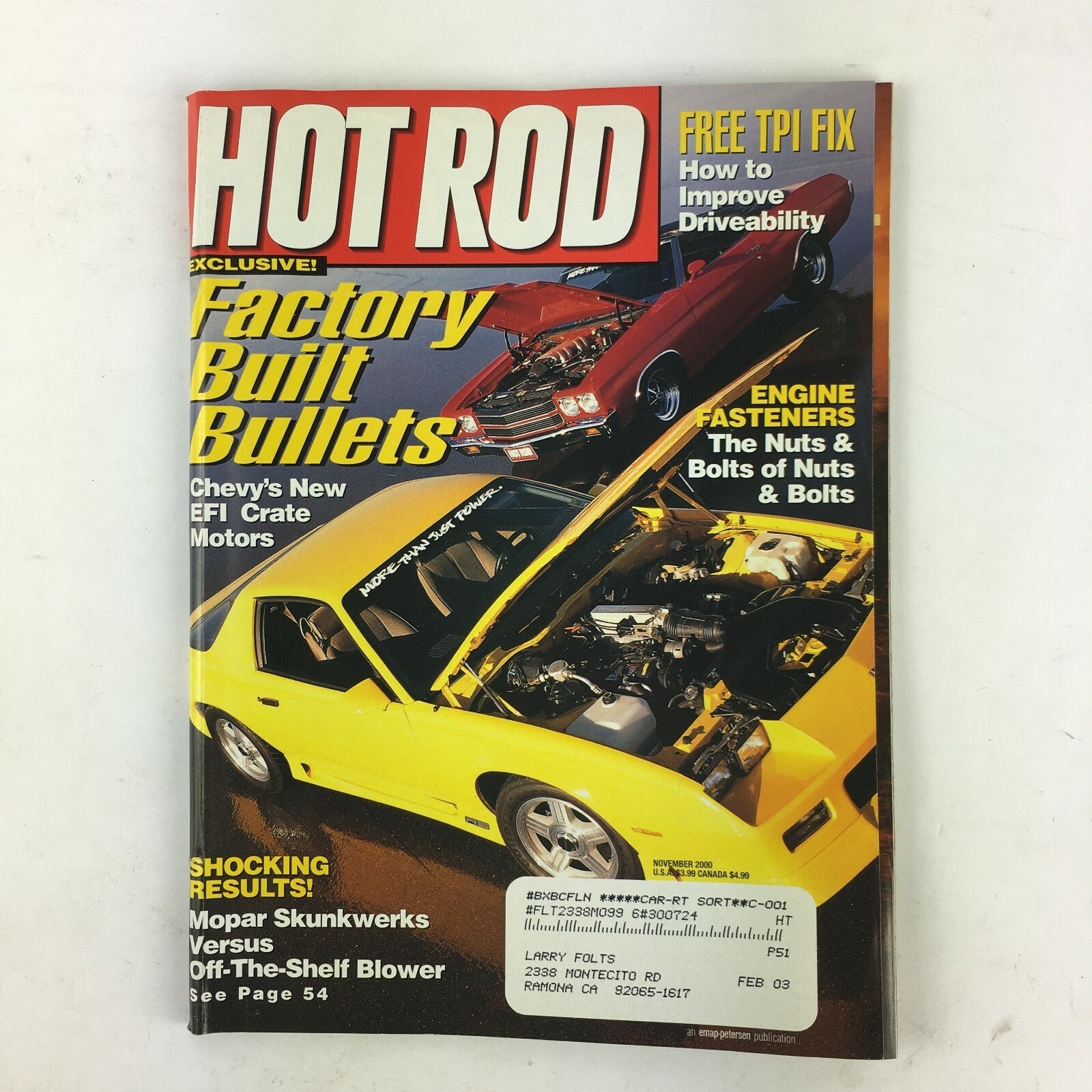 November2000 Hot Rod Magazine Factory BuiltBullets Free TPI Fix EFI Crate Motors