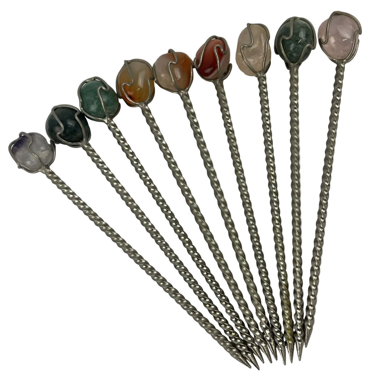 Vintage POLISHED AGATE TOP SET OF 9 SILVERPLATE Party HORS D'OEUVRE PICS 4"