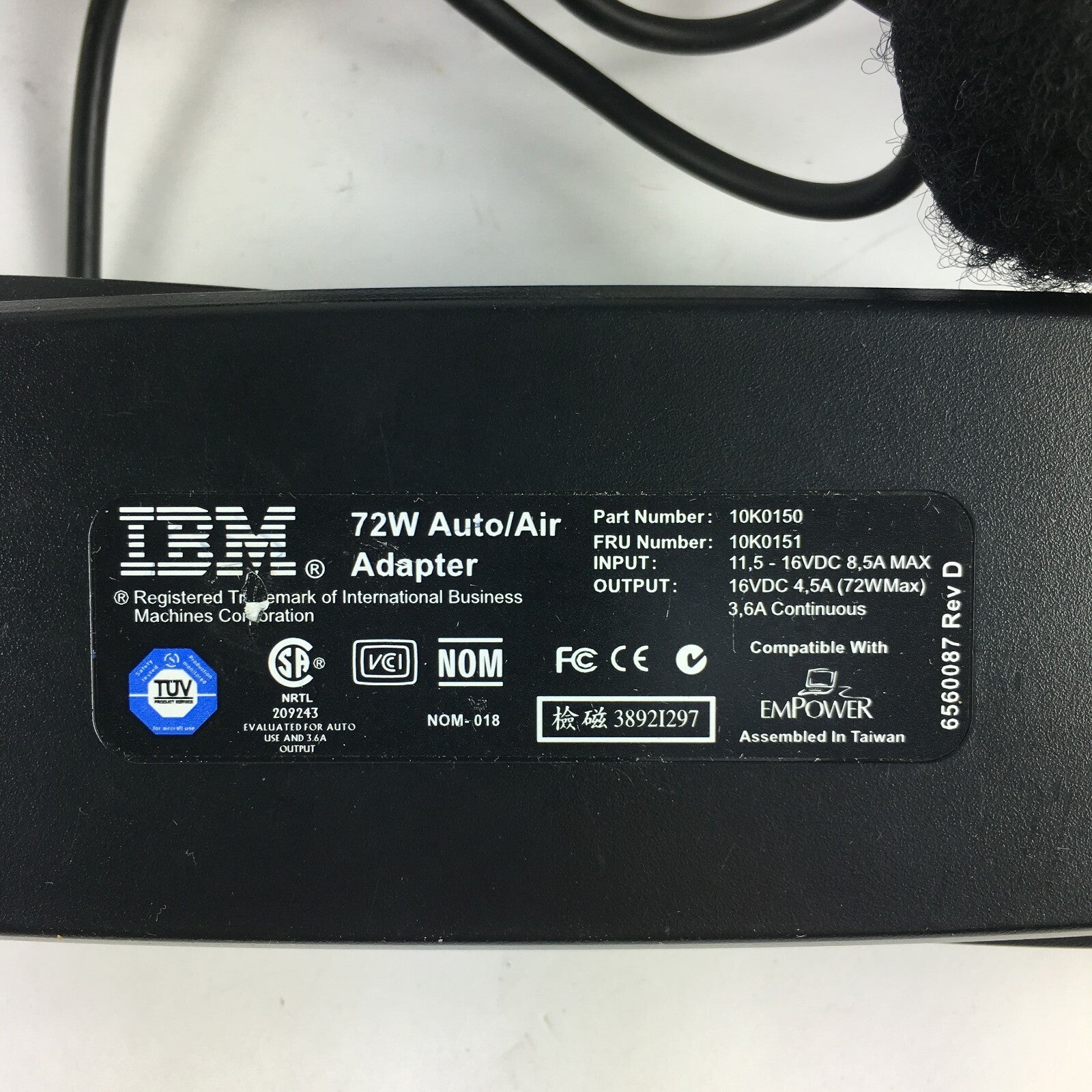 Genuine IBM Travel 72 watt Air 10K0150 Output 16V 4.5A Power Supply Adapter A12