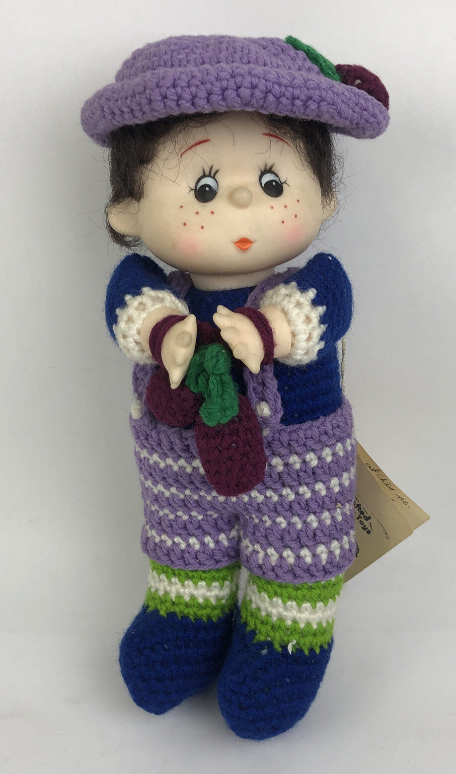 Hand Crafted Crochet Doll w Hat And Purse Knitted Soft Toy 12" " Plumb Pudding "