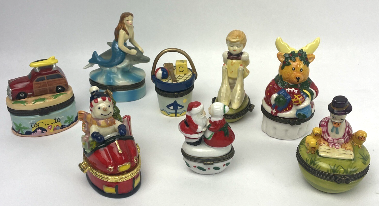 8 x Vintage Trinket Boxes Ceramic Christmas Beach Woody Mother Goose Mermaid