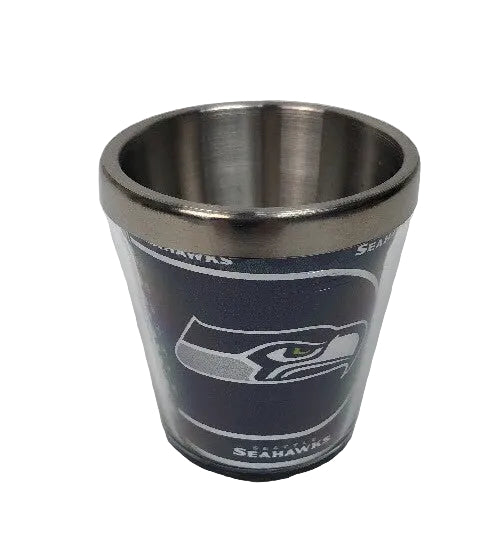 Officially licensed Seattle Seahawks acrylic and stainless steel shot glass.