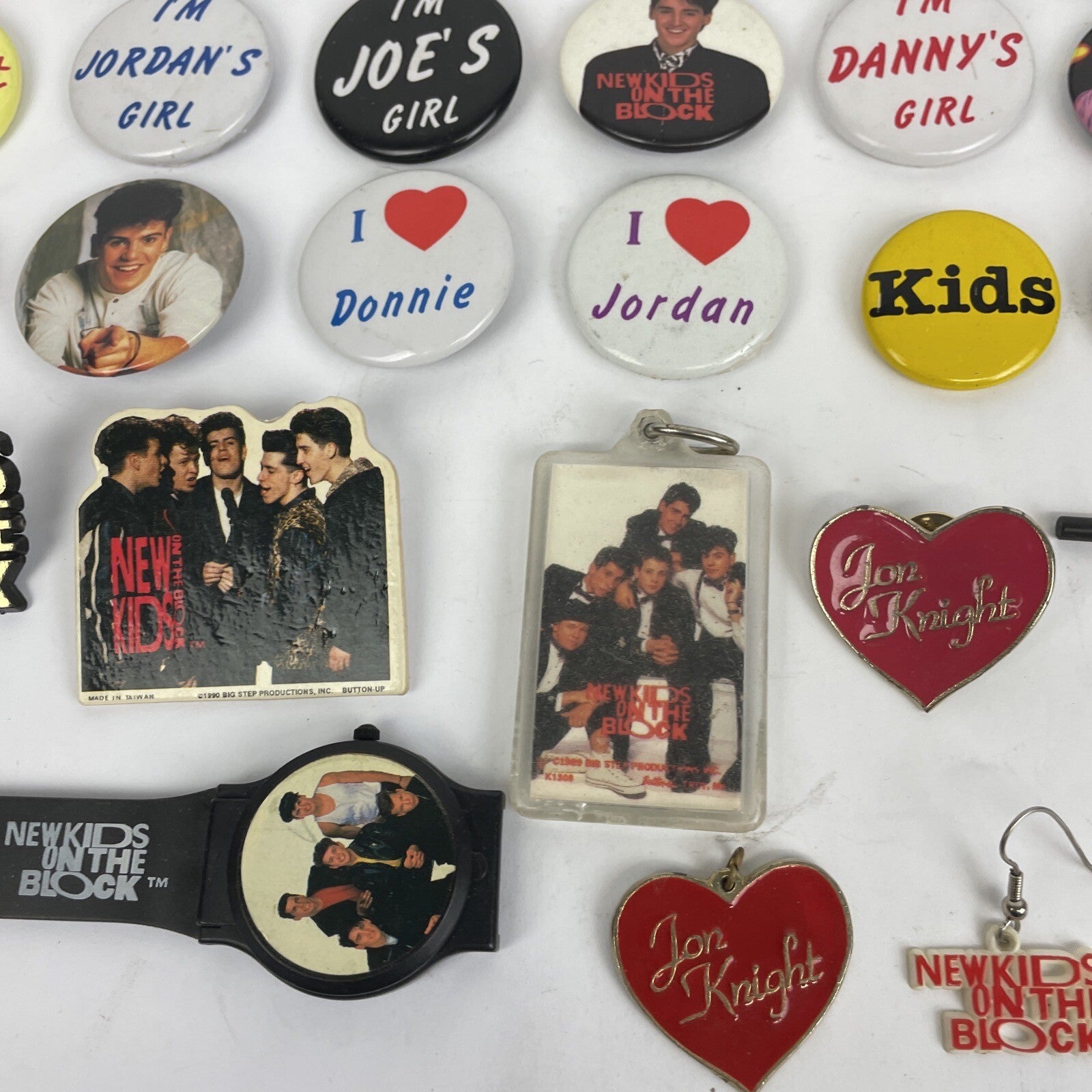 Lot of 45 New Kids On The Block buttons pins keychain and vintage NKOTB collectibles from the 90s and Y2K era