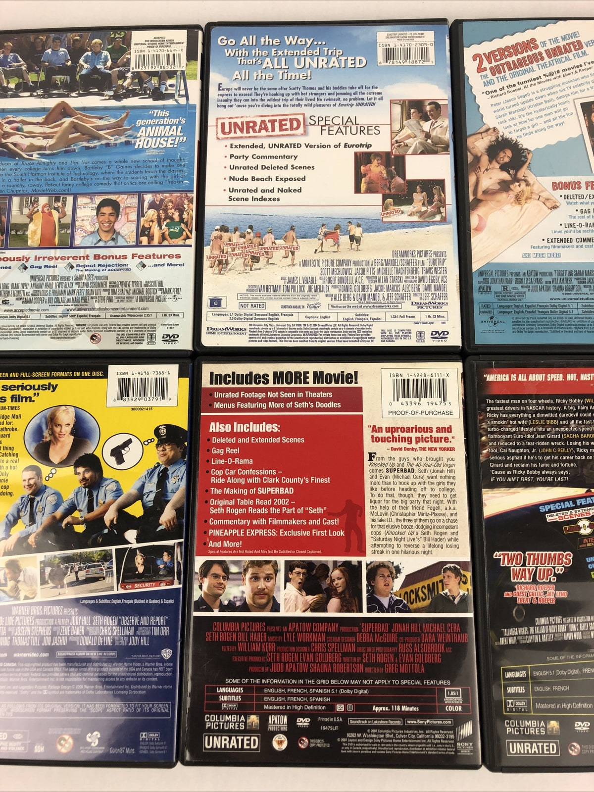Awesome DVD LOT 6 Movies Comedy Superbad Accepted Euro Trip Talladega Nights ++