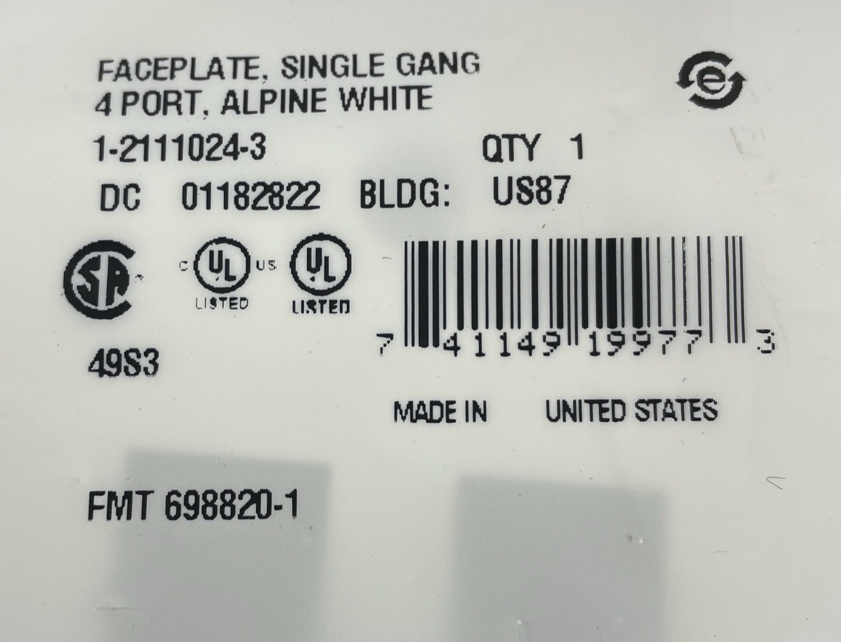 2 x CommScope Faceplate Single Gang 4 Port 1-2111024-3 Alpine White Wallplate