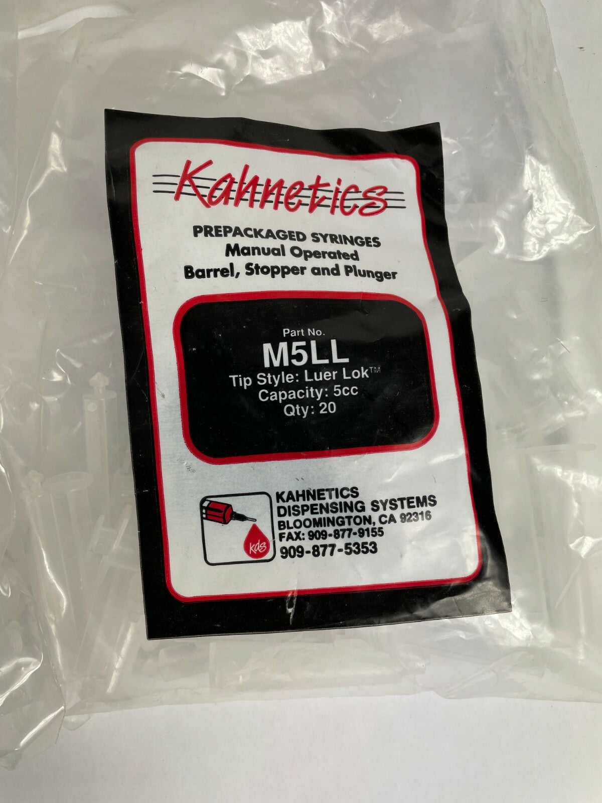 Kahnetics Prepacked Syringes Manual Operated M5LL Luer Lok 5 Capacity Qty 100