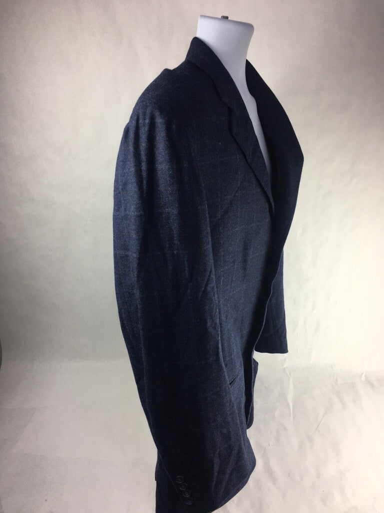 Faconnable Mens Suit Jacket Blue Windowpane Lined Notch Lapel Pockets Wool 44