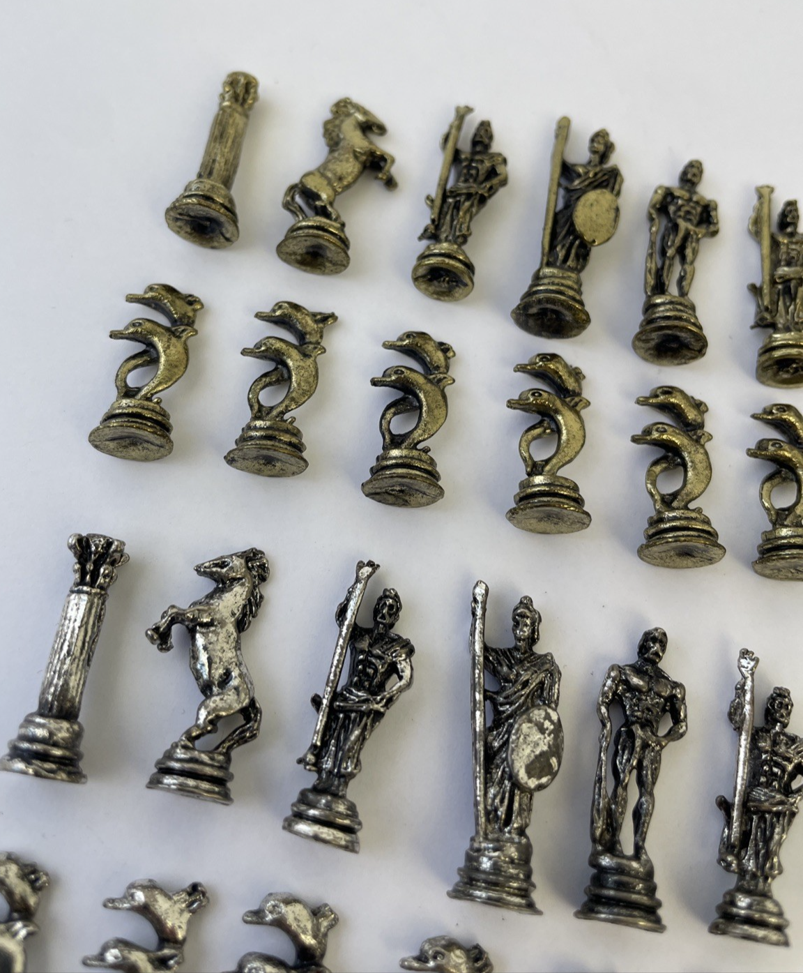 Vintage Miniature Neptune Fantasy Theme Pewter Chess Pieces Full Set Gold Silver