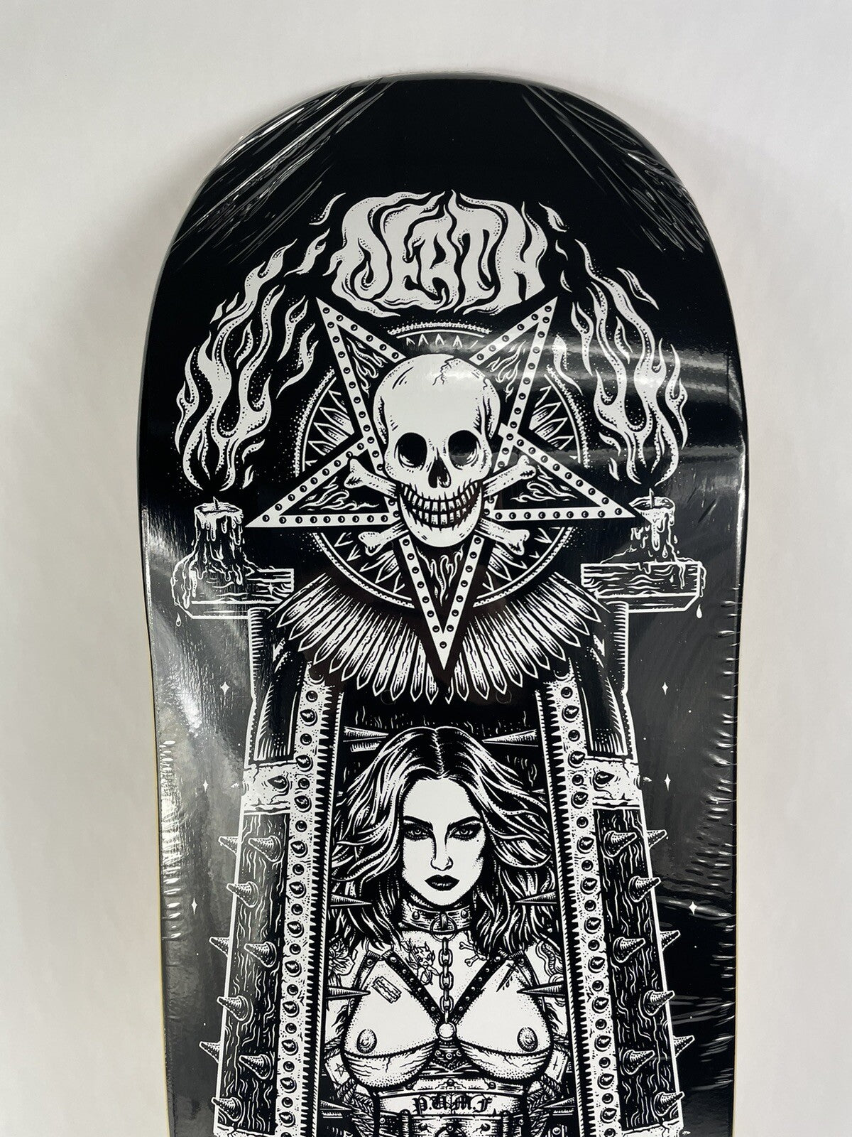 Death Skateboards Eddie Belvedere Maiden Pro 8.25-inch skateboard deck with Tapered Square FA Nose and signature Maiden graphic.