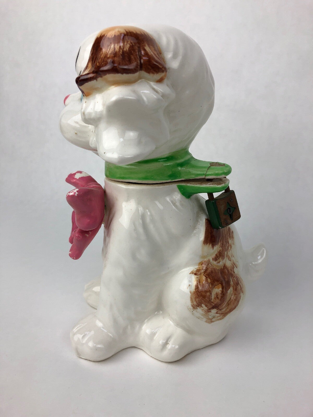 Vtg ESD Lefton Puppy Pal Locking Coin Bank anthropomorphic Japan dog lid rare 7”