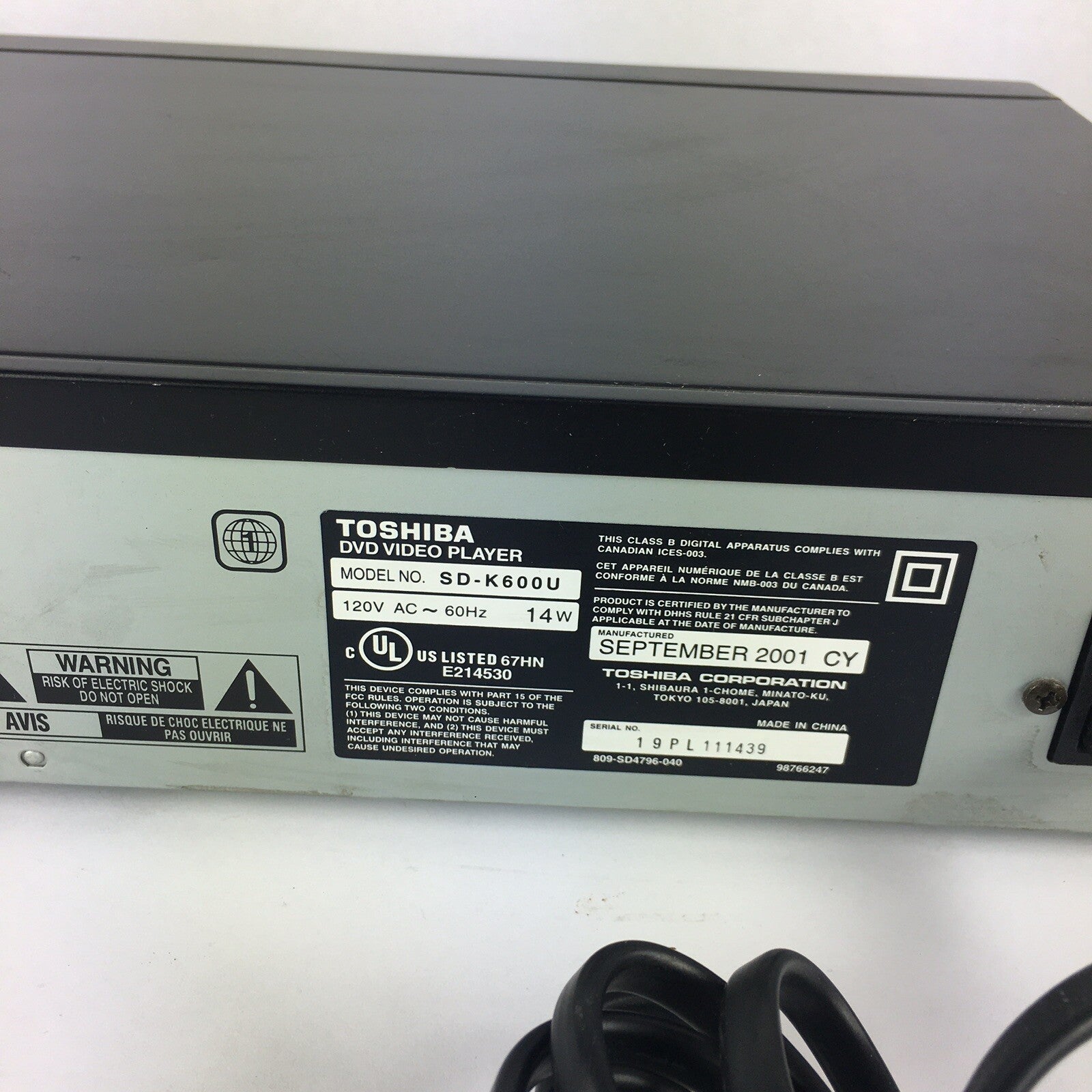 Toshiba Video DVD Player with RCA Cables Model No. SD-K600U