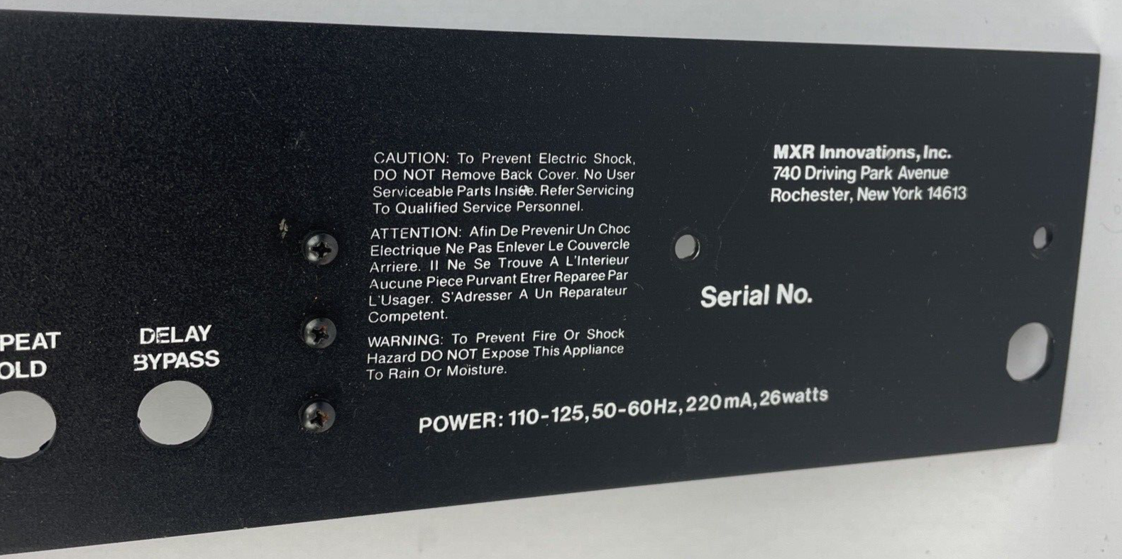 MXR Innovations Delay System II Model 151 Rear faceplate 1980’s Black NOS