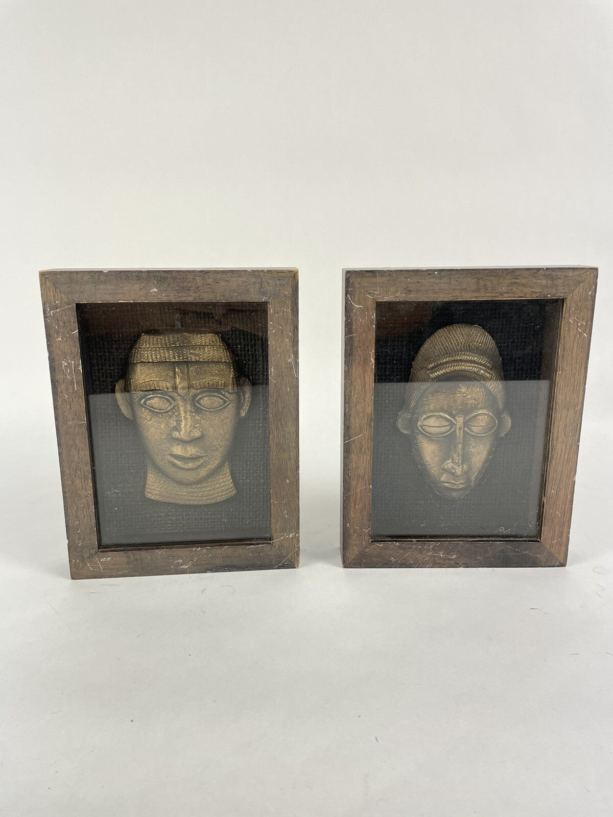Lot of 2: Tribal Face Art Shadow Box Wooden Frame made in Thailand
