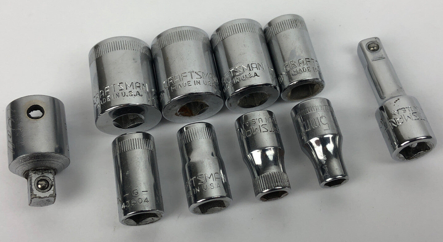 8 x Craftsman USA Sockets 13mm 12mm 11mm 9mm 8mm 7mm 6mm 5mm Shallow + Adapters