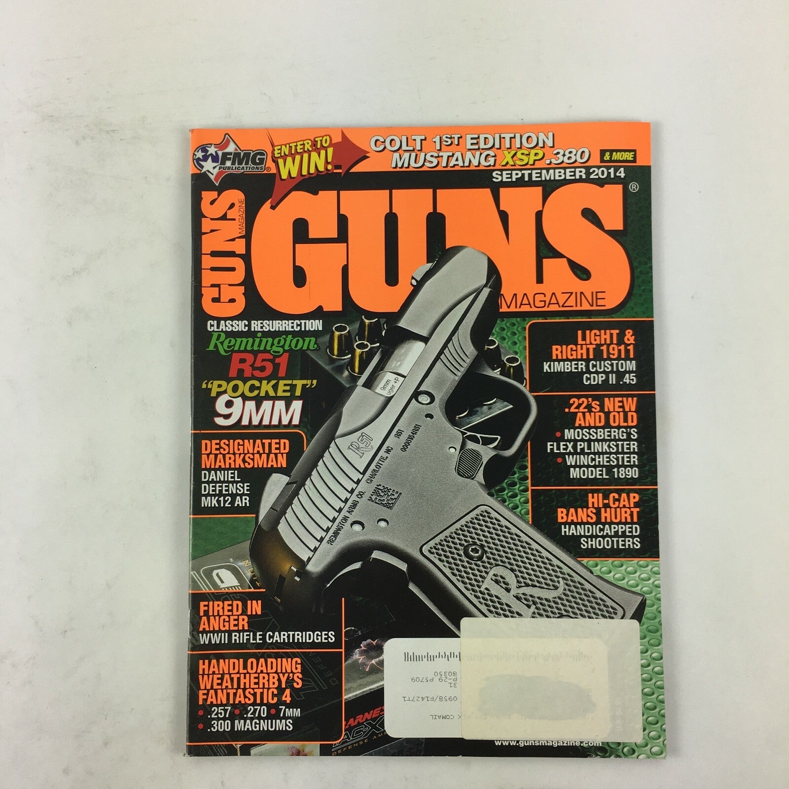 September 2014 Guns Magazine Remington R51 Pocket 9mm MK12 AR .22's New and Old