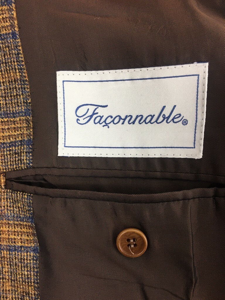 Faconnable Mens Suit Jacket Brown Plaid Lined Notch Lapel Pockets Virgin Wool 54