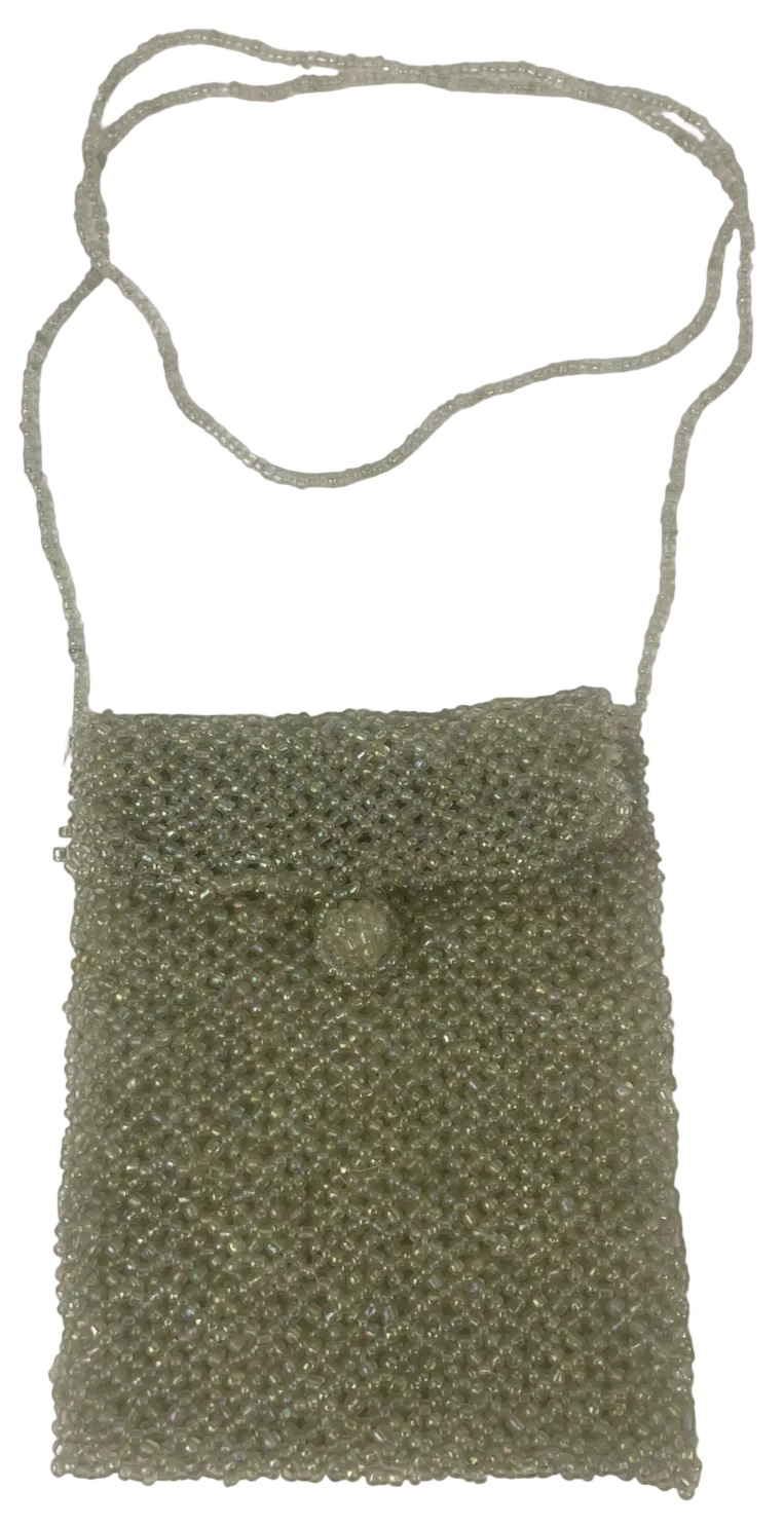 Vintage Small Opalescent Beaded Purse Crossbody Bag Green Pink 5" x 4"