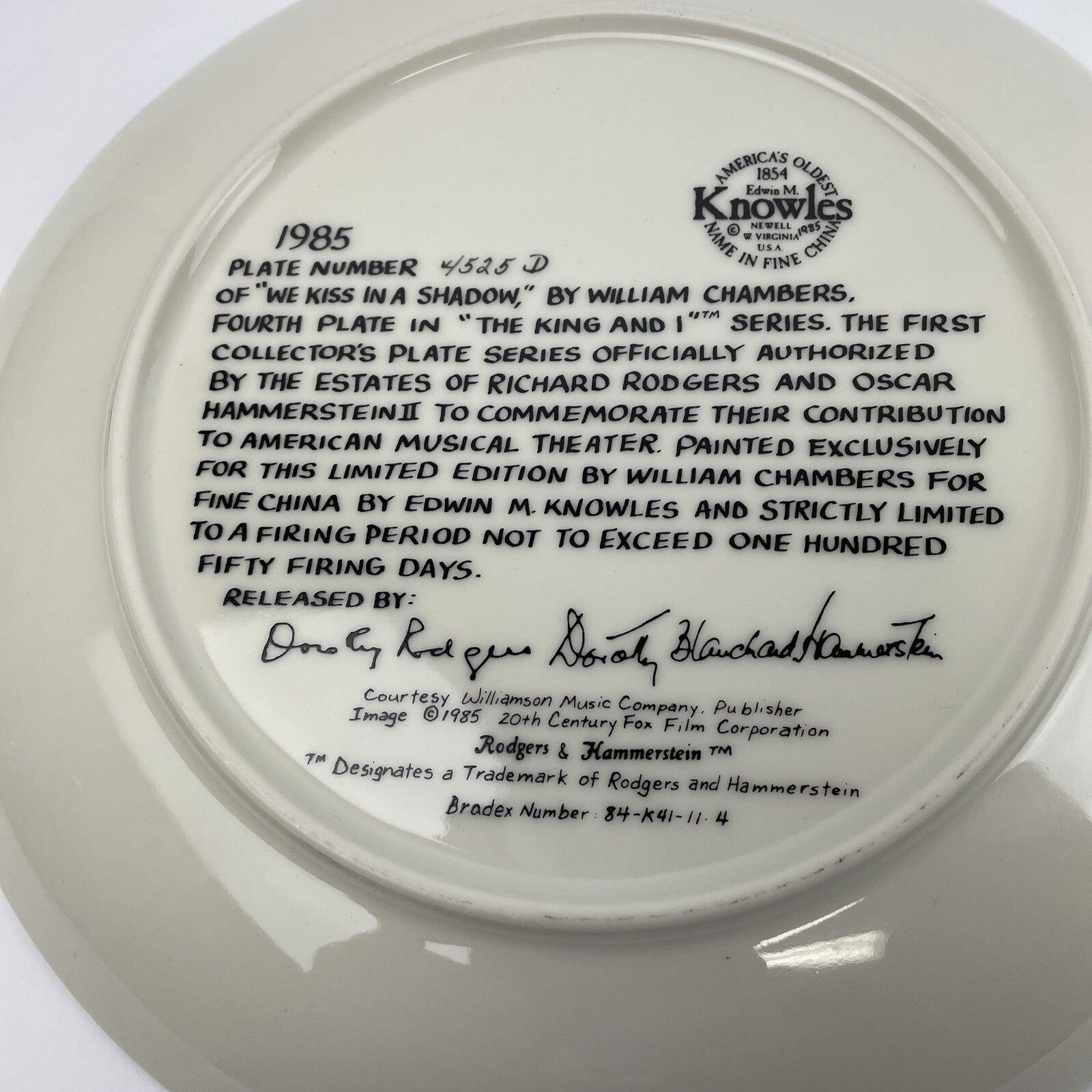 Knowles The King And I Collector Plates “We Kiss In A Shadow” 1985 Plate 4525 D