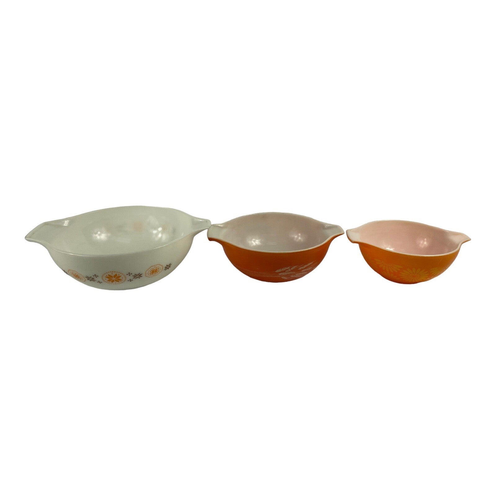 VTG Pyrex Gooseberry Cinderella Nesting Bowl Set 3 Orange White 442-443-444