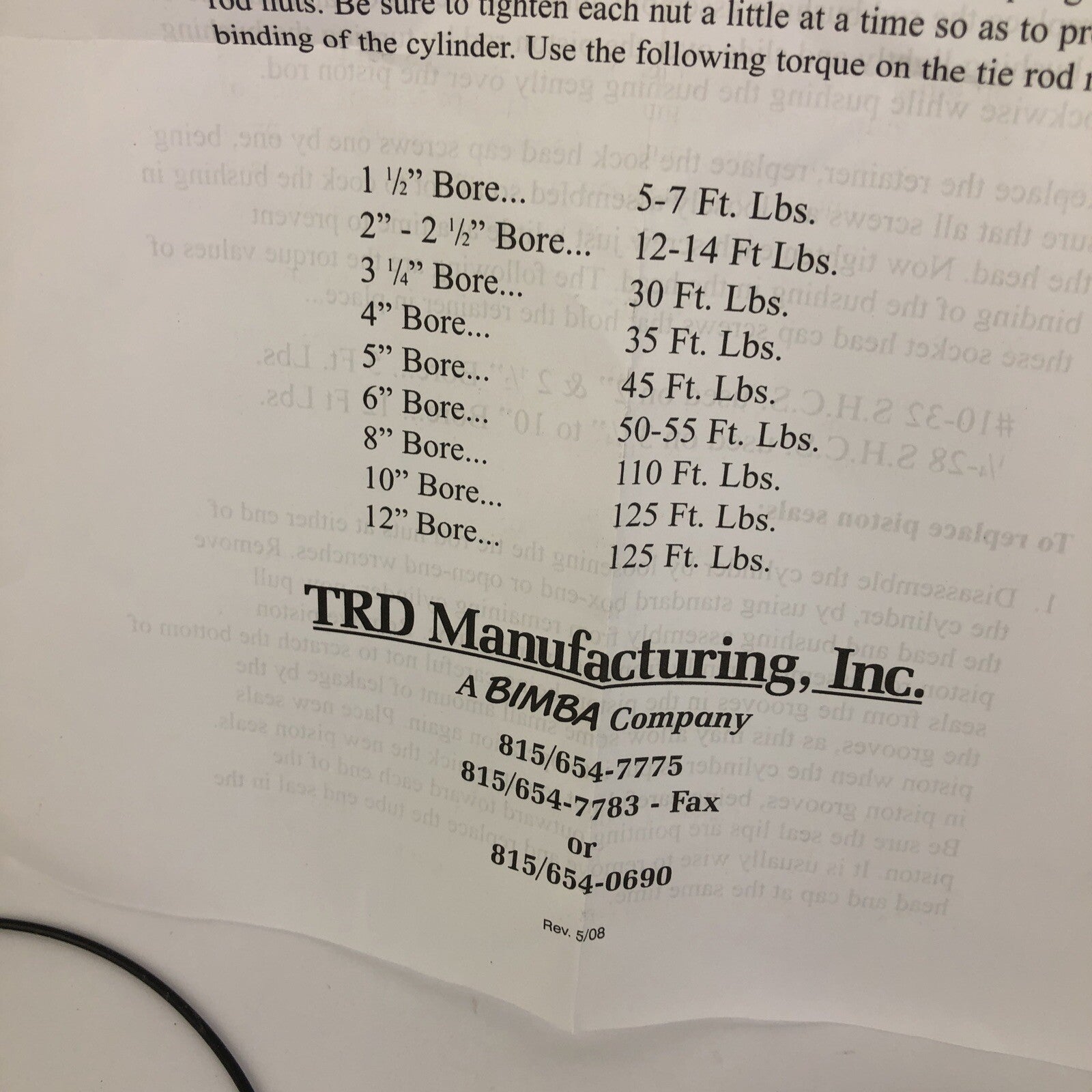 TRD Manufacturing Bimba SK175-600-L012-OTS-TH-X1 400 PSI Cylinder Rebuild Kit