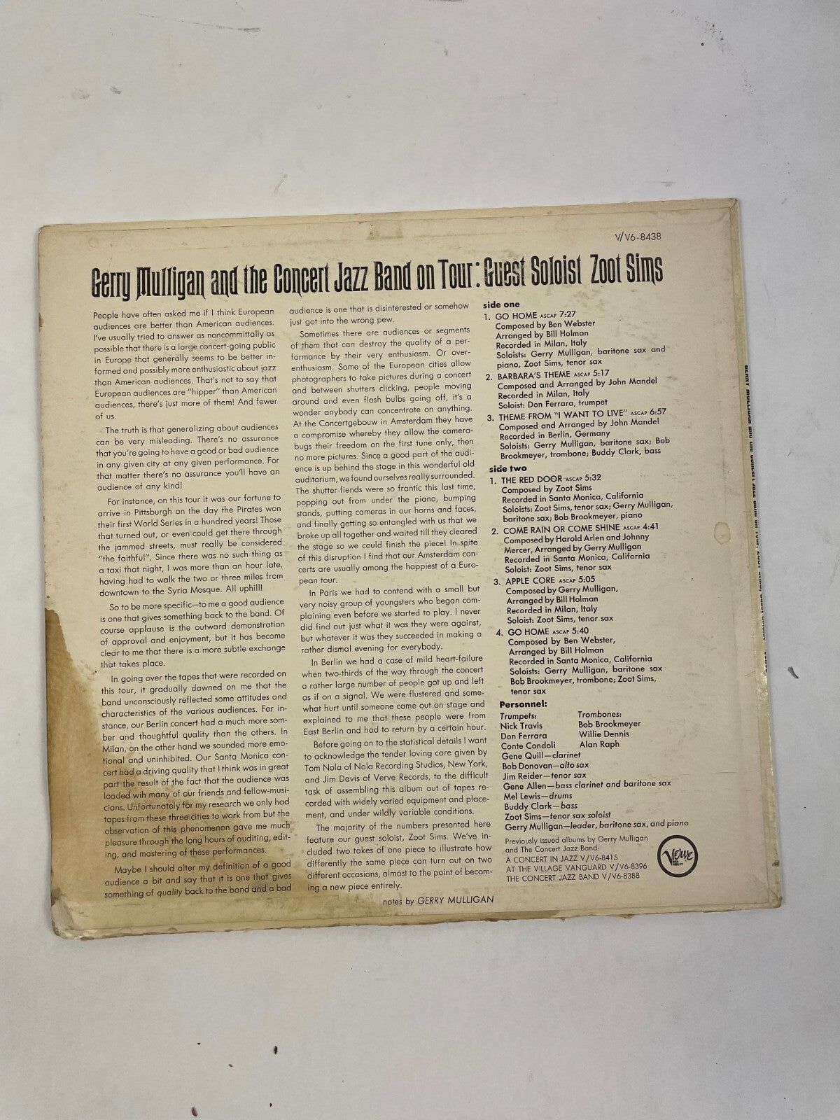 Gerry Mulligan and the Concert Jazz Band on Tour Guest Soloist Zoot Vinyl Record
